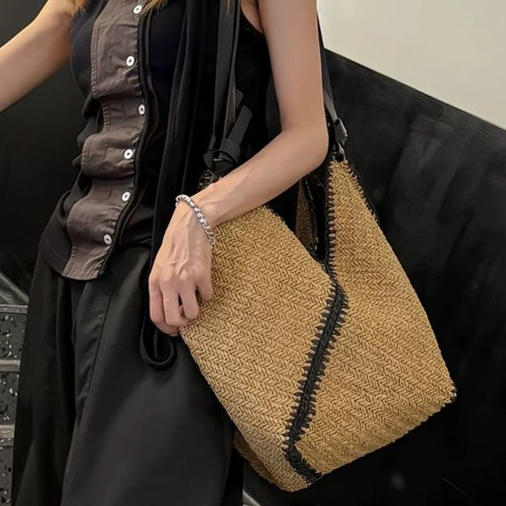 Stylish Striped Single Shoulder Woven Straw Bag, Elegant Weaving Tote with Black Trim, Large Capacity, Beach Vacation Bag - F.Market289C53C86BA0489E9E63CC5F5D8C50FBeproloLargeStylish Striped Single Shoulder Woven Straw Bag, Elegant Weaving Tote with Black Trim, Large Capacity, Beach Vacation BagStylish Striped Single Shoulder Woven Straw Bag, Elegant Weaving Tote with Black Trim, Large Capacity, Beach Vacation Bag