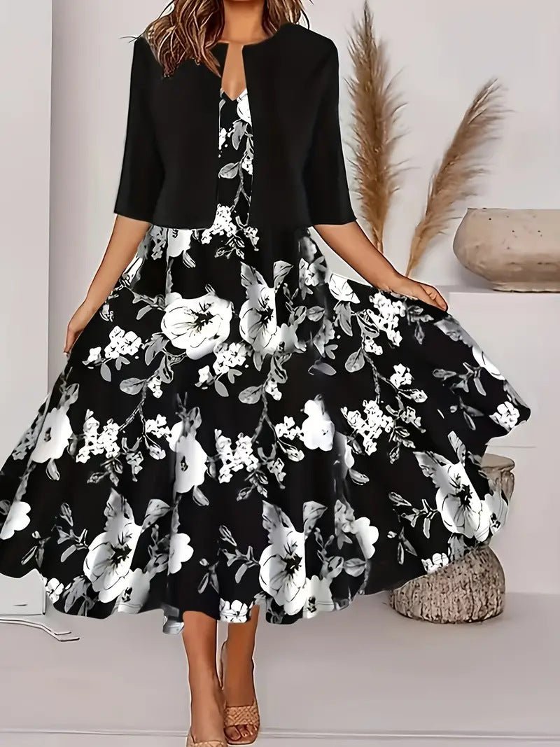 Two-piece long dress with floral and grass print, round neckline - F.MarketD9E5FA179B644E5EA04D39CF4188137DeproloSTwo-piece long dress with floral and grass print, round necklineTwo-piece long dress with floral and grass print, round neckline