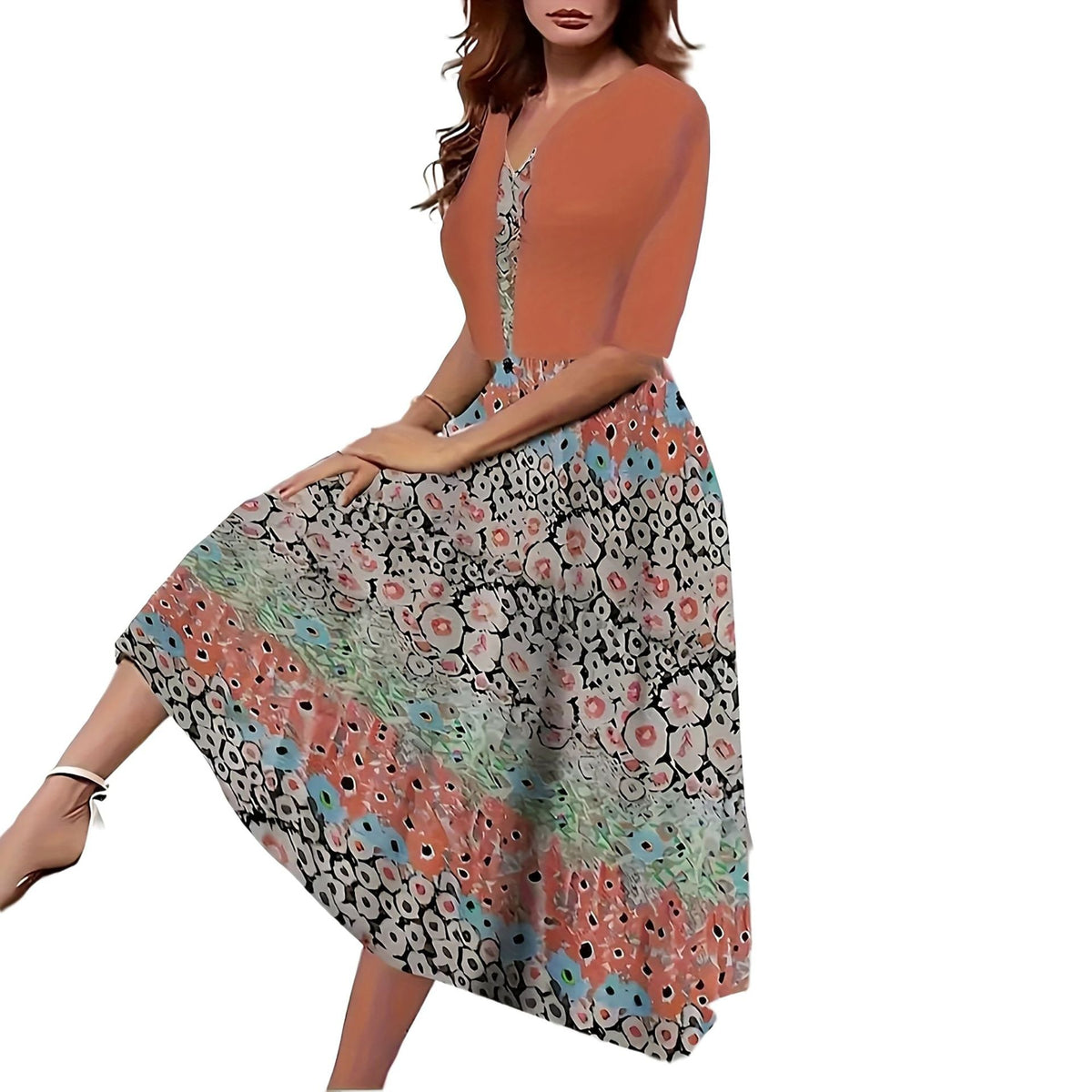 Two-piece long dress with floral and grass print, round neckline - F.Market5A11D3D11E804A27A3D74508501FA487eproloSTwo-piece long dress with floral and grass print, round necklineTwo-piece long dress with floral and grass print, round neckline