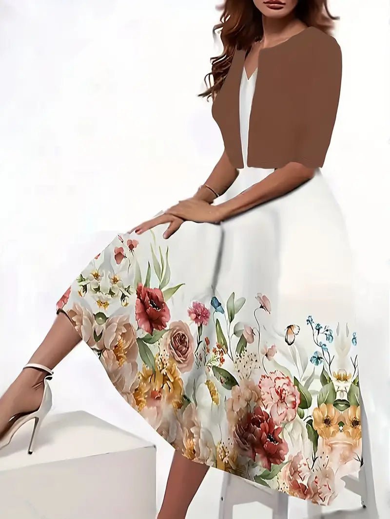 Two-piece long dress with floral and grass print, round neckline - F.Market5A11D3D11E804A27A3D74508501FA487eproloSTwo-piece long dress with floral and grass print, round necklineTwo-piece long dress with floral and grass print, round neckline