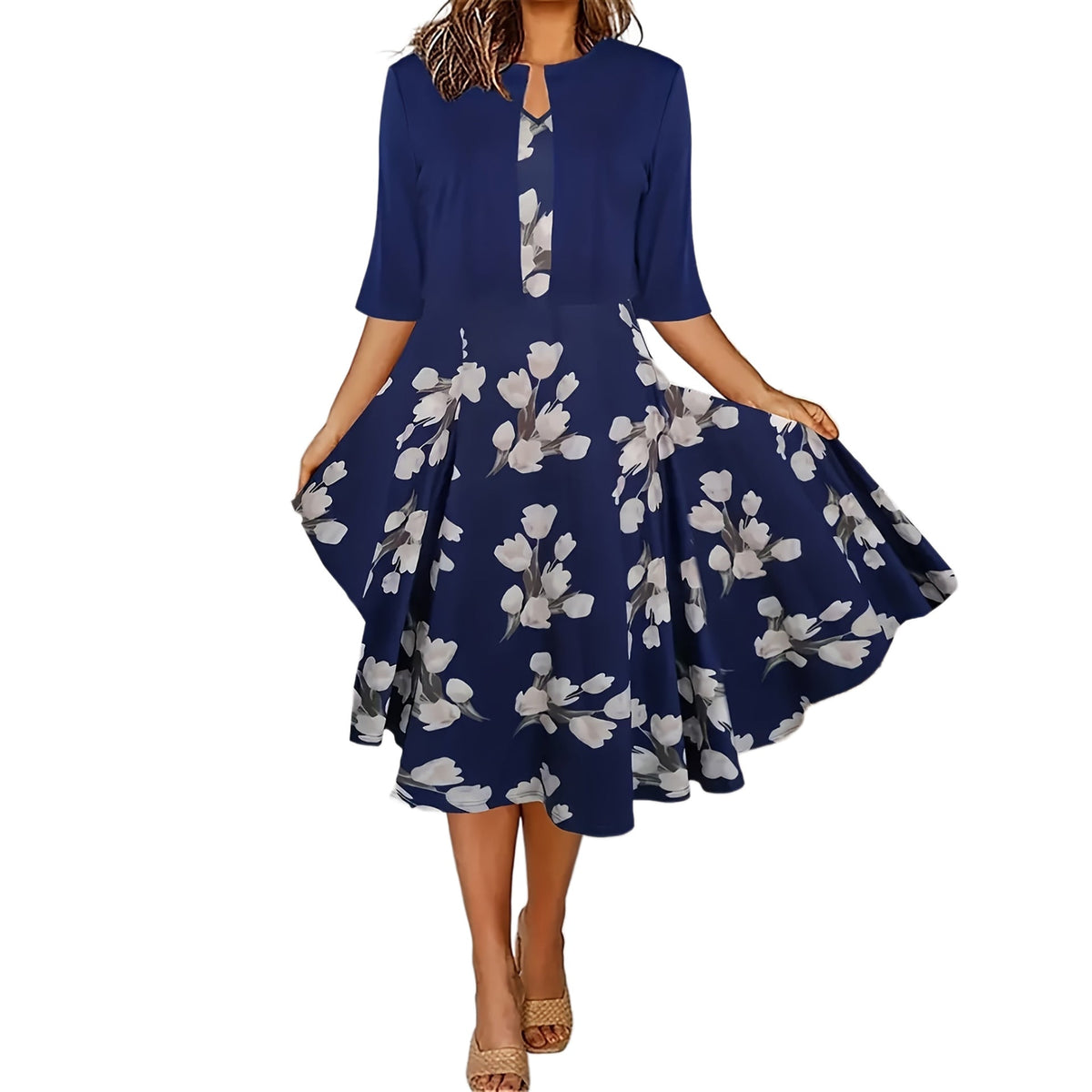 Two-piece long dress with floral and grass print, round neckline - F.Market5A11D3D11E804A27A3D74508501FA487eproloSTwo-piece long dress with floral and grass print, round necklineTwo-piece long dress with floral and grass print, round neckline