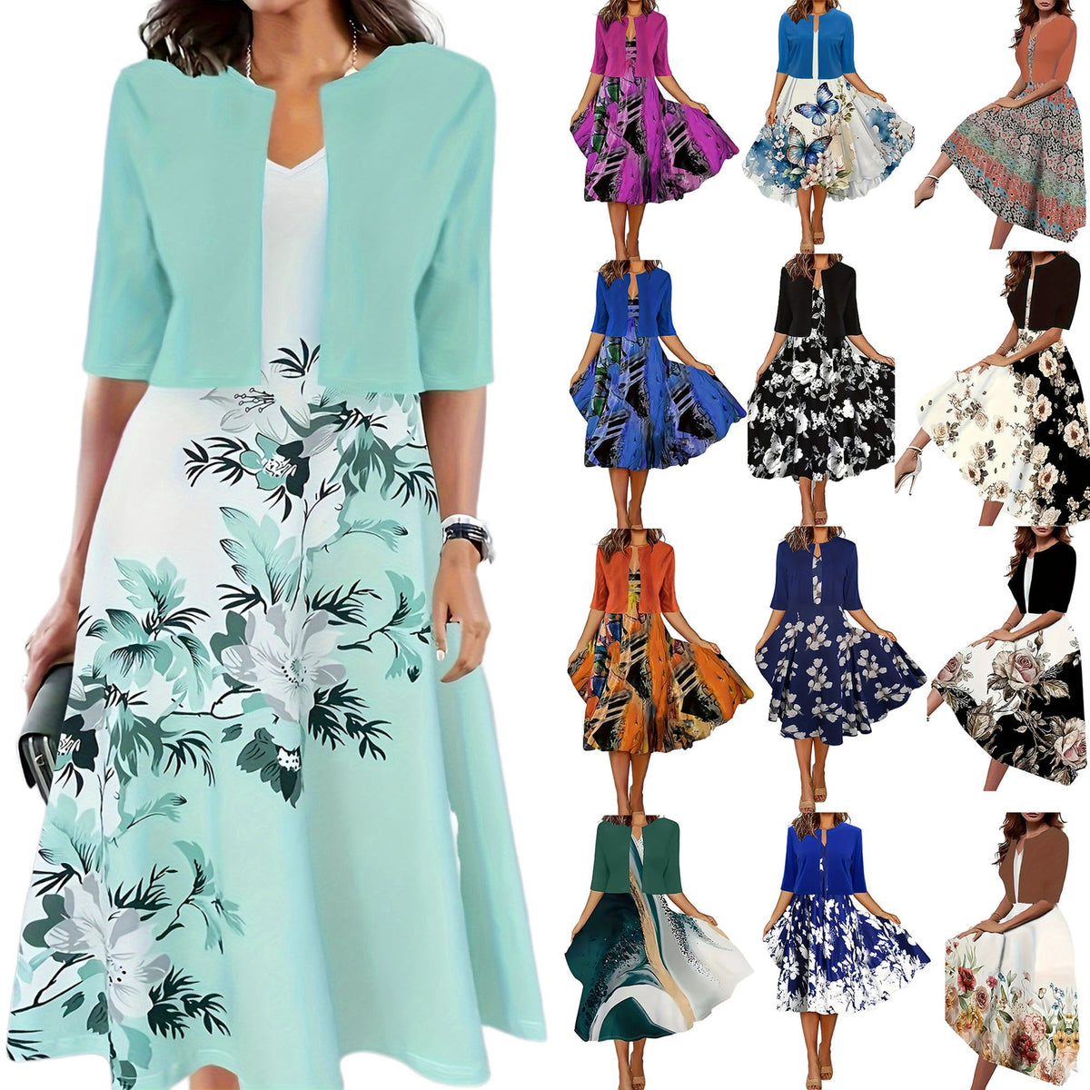 Two-piece long dress with floral and grass print, round neckline - F.Market5A11D3D11E804A27A3D74508501FA487eproloSTwo-piece long dress with floral and grass print, round necklineTwo-piece long dress with floral and grass print, round neckline
