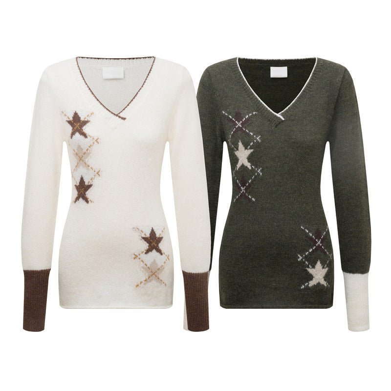 V-neck star jacquard knitted sweater with contrasting color pullover sweater - F.Market97774786D7984569B420B81F5C1A96DAeproloSV-neck star jacquard knitted sweater with contrasting color pullover sweaterV-neck star jacquard knitted sweater with contrasting color pullover sweater