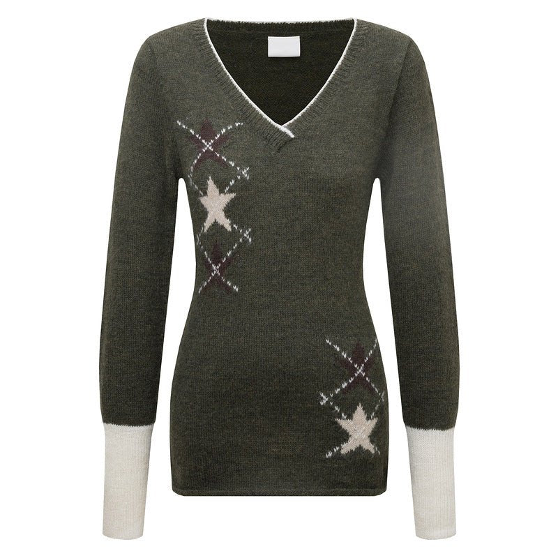 V-neck star jacquard knitted sweater with contrasting color pullover sweater - F.Market97774786D7984569B420B81F5C1A96DAeproloSV-neck star jacquard knitted sweater with contrasting color pullover sweaterV-neck star jacquard knitted sweater with contrasting color pullover sweater