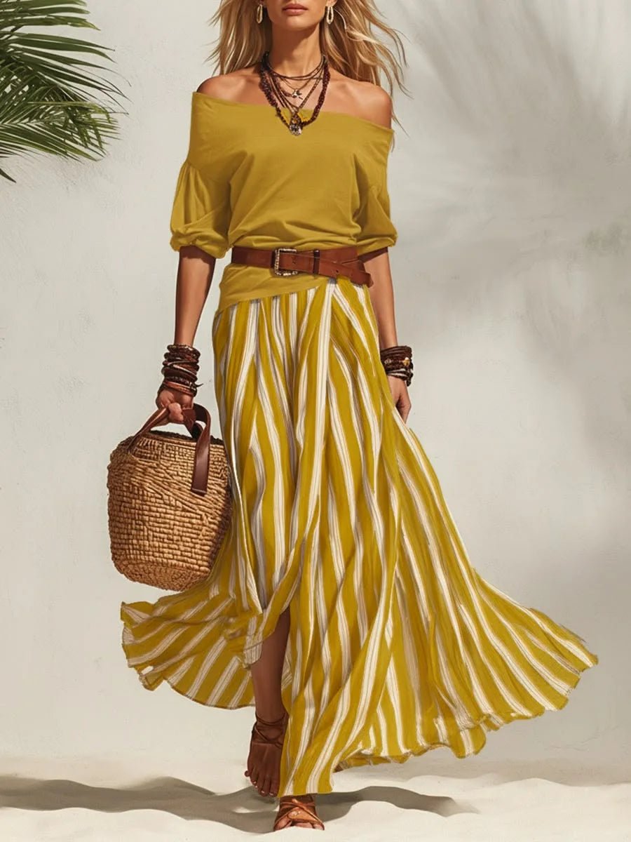 Women Multiple Colors Off Shoulder Puff Sleeve Top Vertical Stripe Flowy Maxi Skirt 2 Piece Outfit Loose Casual Vacation Set - F.Market14:771Sunflower Yellow;5:361386F.MarketMWomen Multiple Colors Off Shoulder Puff Sleeve Top Vertical Stripe Flowy Maxi Skirt 2 Piece Outfit Loose Casual Vacation SetWomen Multiple Colors Off Shoulder Puff Sleeve Top Vertical Stripe Flowy Maxi Skirt 2 Piece Outfit Loose Casual Vacation Set