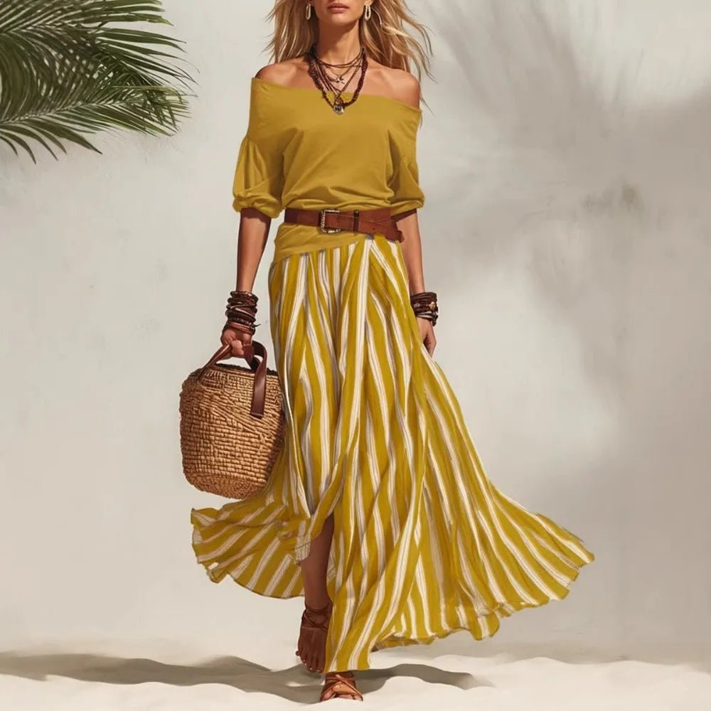 Women Multiple Colors Off Shoulder Puff Sleeve Top Vertical Stripe Flowy Maxi Skirt 2 Piece Outfit Loose Casual Vacation Set - F.Market14:771Sunflower Yellow;5:361386F.MarketMWomen Multiple Colors Off Shoulder Puff Sleeve Top Vertical Stripe Flowy Maxi Skirt 2 Piece Outfit Loose Casual Vacation SetWomen Multiple Colors Off Shoulder Puff Sleeve Top Vertical Stripe Flowy Maxi Skirt 2 Piece Outfit Loose Casual Vacation Set