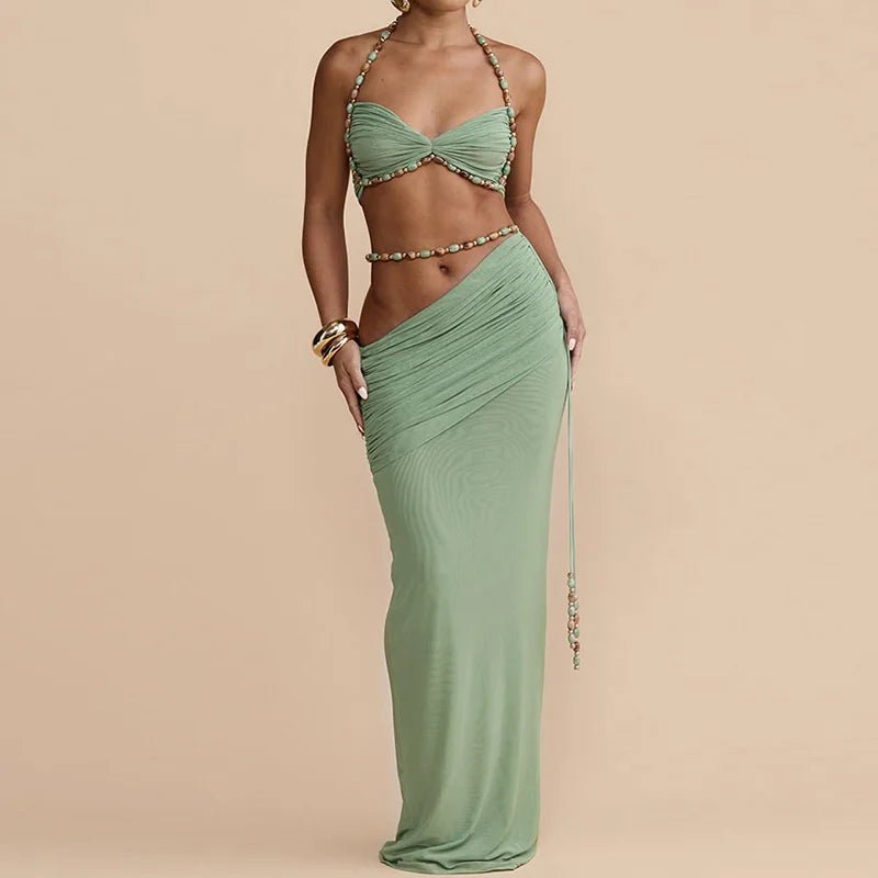 Women's Beach Style Halter Backless Sleeveless Short Top with Maxi Skirt Two Piece Set Summer Sexy Solid Patchwork Slim Outfit - F.Market14:77101 Green;5:361385F.MarketLWomen's Beach Style Halter Backless Sleeveless Short Top with Maxi Skirt Two Piece Set Summer Sexy Solid Patchwork Slim OutfitWomen's Beach Style Halter Backless Sleeveless Short Top with Maxi Skirt Two Piece Set Summer Sexy Solid Patchwork Slim Outfit