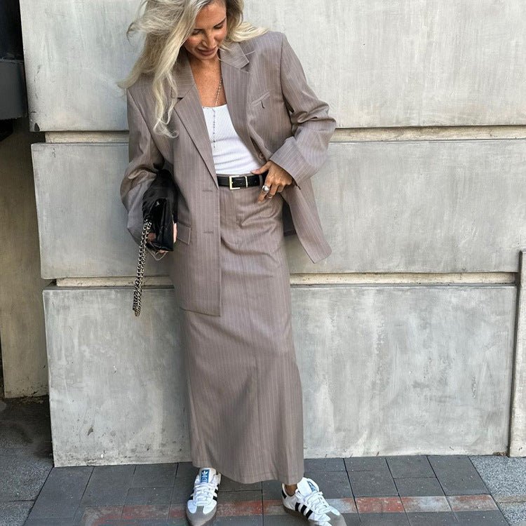 Women's two-piece split half skirt striped suit - F.MarketC46465FF158D4DF2B5EB9007CA064DC7eproloSWomen's two-piece split half skirt striped suitWomen's two-piece split half skirt striped suit